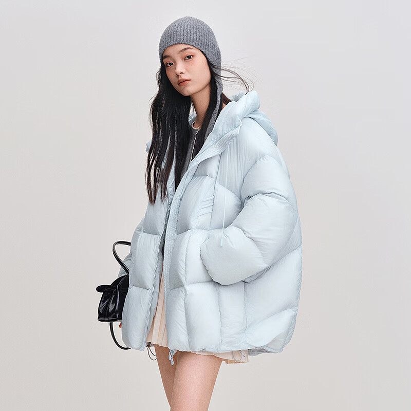 乐町一手长盖微A型面包羽绒服女装2025冬季新款泡芙连帽保暖外套 融冰蓝(现货) S