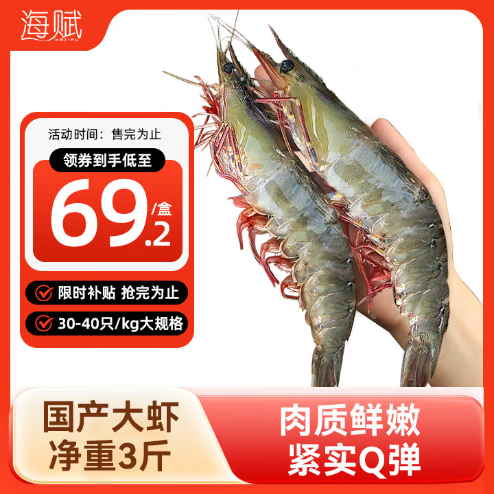 海赋 国产青岛大虾 大号白虾30/40规格 净重3斤 生鲜虾类-源头直发
