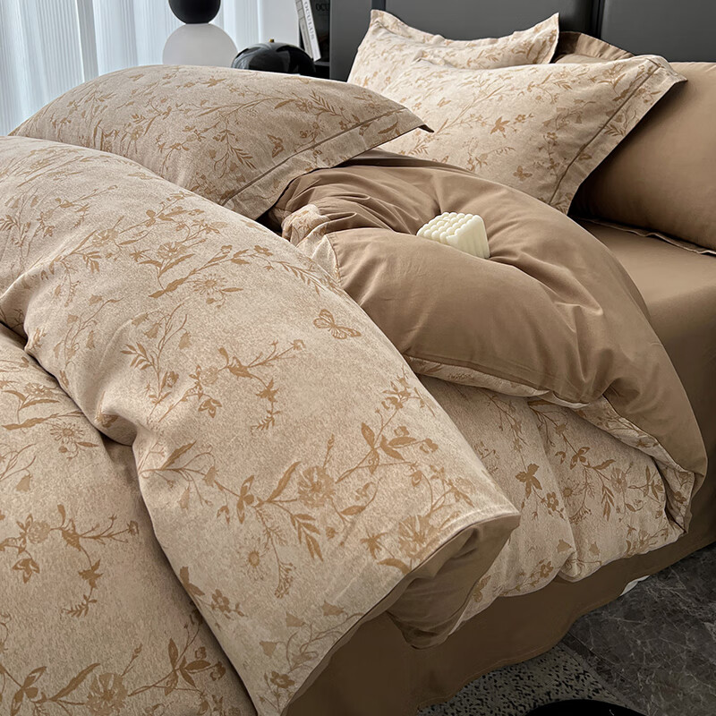 苏萱全棉提花磨毛床上四件套100纯棉秋冬加厚被套床单三件套床笠床品4 蝴蝶花影-卡其 1.8m 床笠款 四件套-被套200x230cm