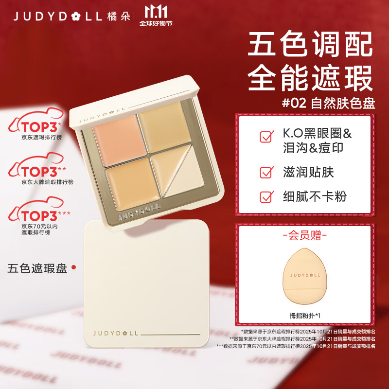 橘朵（Judydoll）五色遮瑕盘遮瑕膏底妆遮盖斑点黑眼圈提亮泪沟法令纹02自然肤色