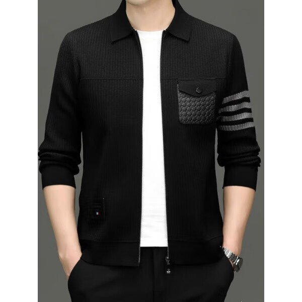 AX阿玛尼 春秋季新款翻领针织夹克男士个性皮口袋上衣休闲男装外套 黑色-4076 新款 L