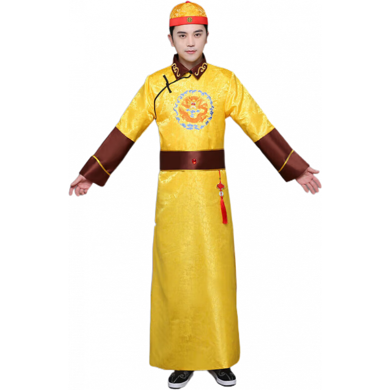 結(jié)盟者清朝古裝王爺阿哥貝勒服演出服男士清代宮廷皇帝龍袍太子服 黃色 衣服+帽子 XXS 小碼（155-168身高）