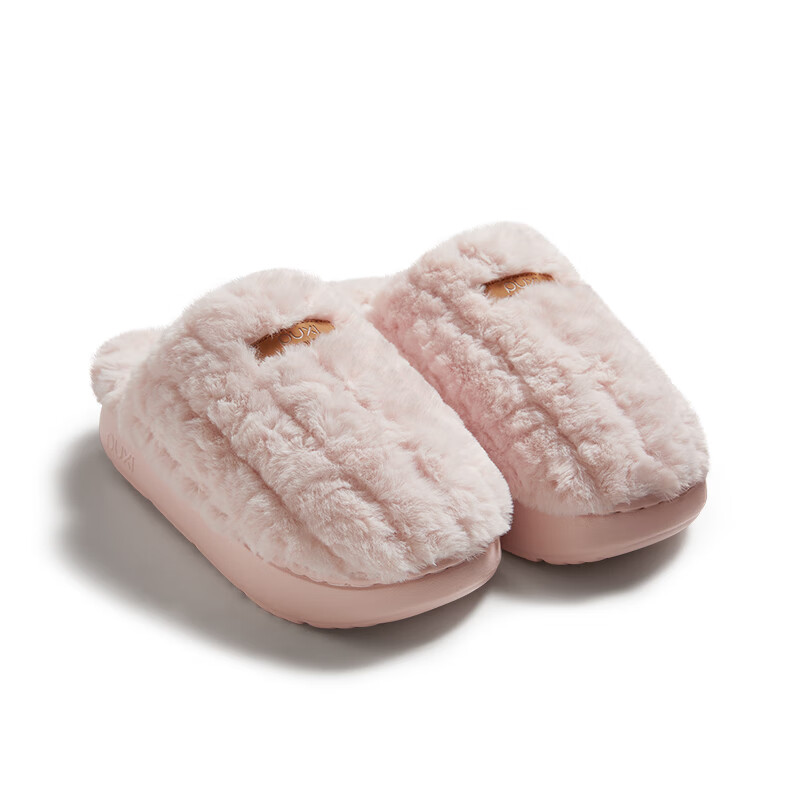朴西朵朵绒情侣毛绒棉拖鞋女士秋冬保暖防滑抗菌居家室内毛毛拖鞋男 奶油粉 37-38