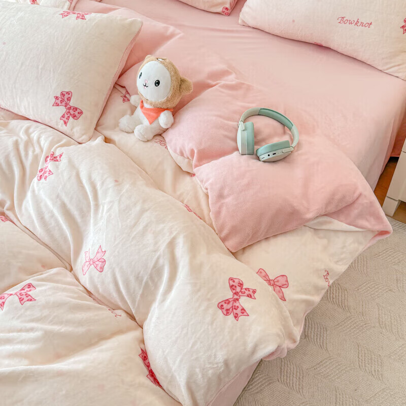 软贝小清新牛奶绒床上四件套保暖毛绒床单被套学生宿舍秋冬款三件套 蝴蝶结 床单款 2.0m  被套200*230cm 四件套