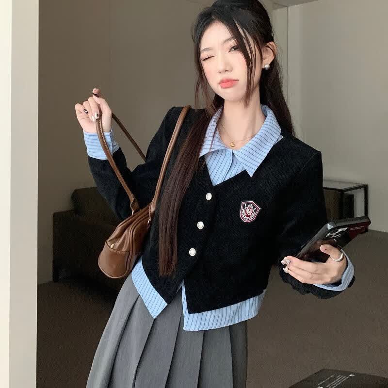 麓格立学院风针织衫韩系衬衫春秋假两件上衣长袖女POLO领设计感秋冬内搭 假两件上衣+半身裙 M