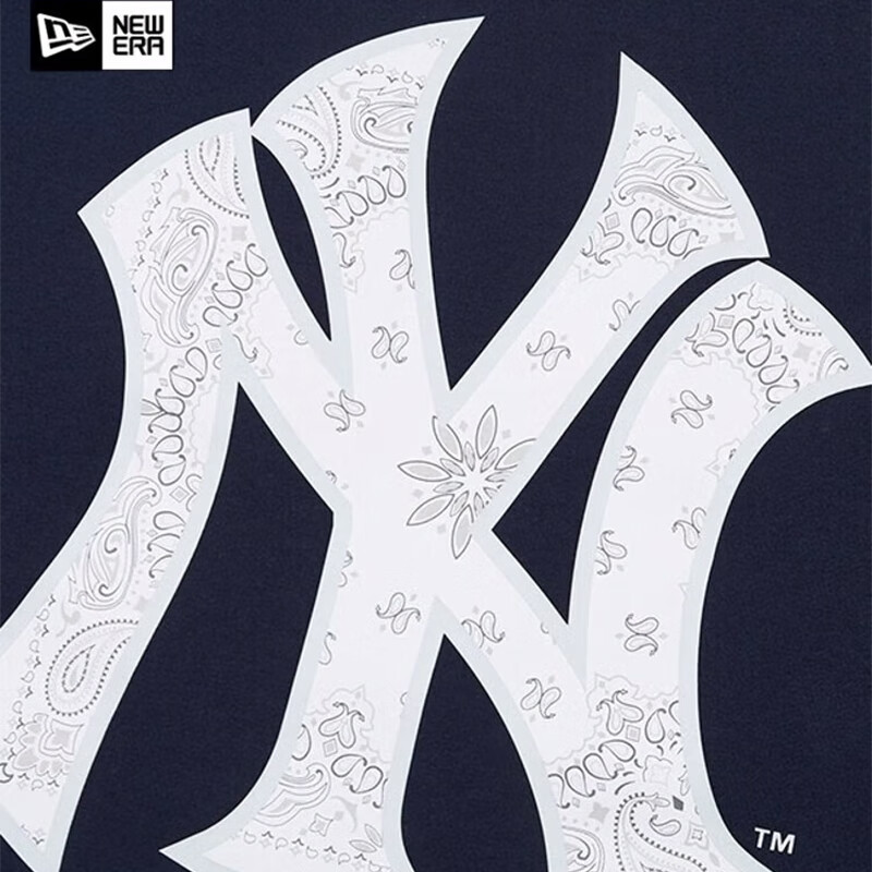 NEW ERA纽亦华MLB印花圆领腰果花运动短袖T恤情侣男女同款NY宽松 藏青色 常规 13546478 L