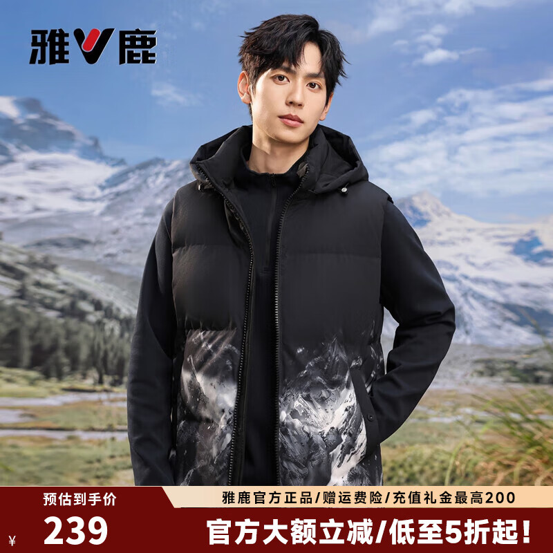 雅鹿羽绒服马甲男士2025秋冬季短款时尚连帽背心宽松休闲保暖坎肩外套 泼墨雪山 XL (180)