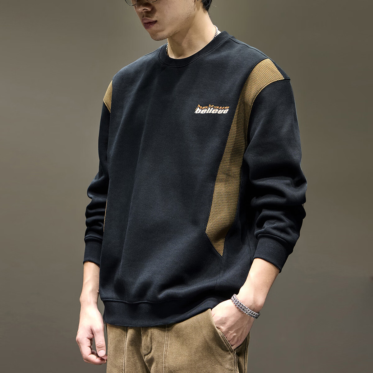 新百伦重磅卫衣男士秋冬款宽松大码长袖t恤高端加绒加厚上衣外套男 黑色 常规 XL 码【建议140-160斤】