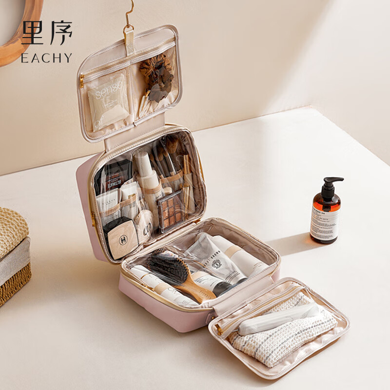 EACHY洗漱包化妝包女2025新款便攜旅行透明防水大容量化妝刷收納包 木桃色【肌感皮革_分區_大容量】