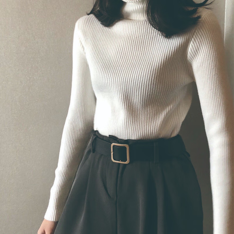 ESCURLTF高领毛衣女秋冬洋气内搭弹力针织衫修身堆堆领打底衫软糯百搭上衣 纯白色