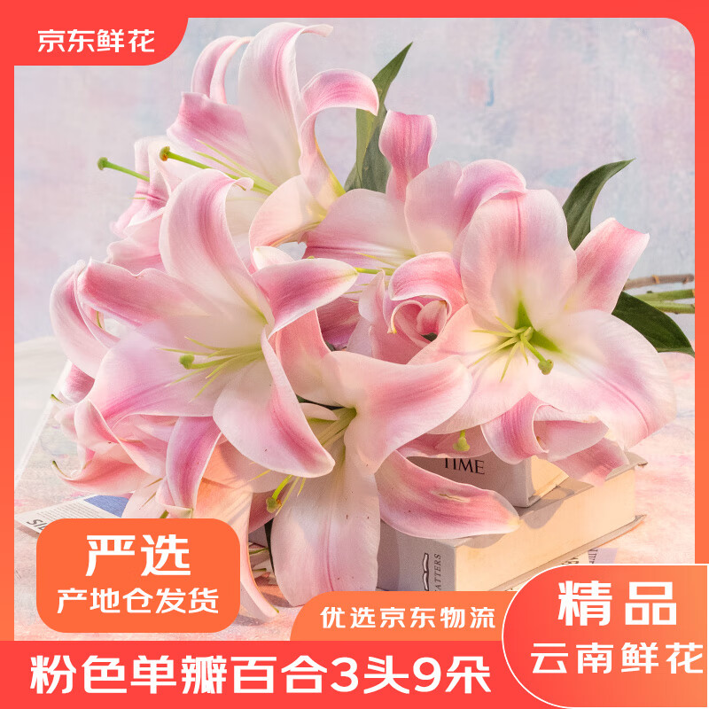 京东鲜花云南昆明鲜花基地直发粉色香水百合9朵家庭生活鲜花源头直发