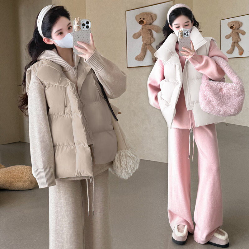 南叮雅格孕婦裝秋冬新款拉鏈時尚毛衣外套休閑時尚闊腿褲套裝冬季棉服馬甲 卡其套裝+咖色馬甲 XXL