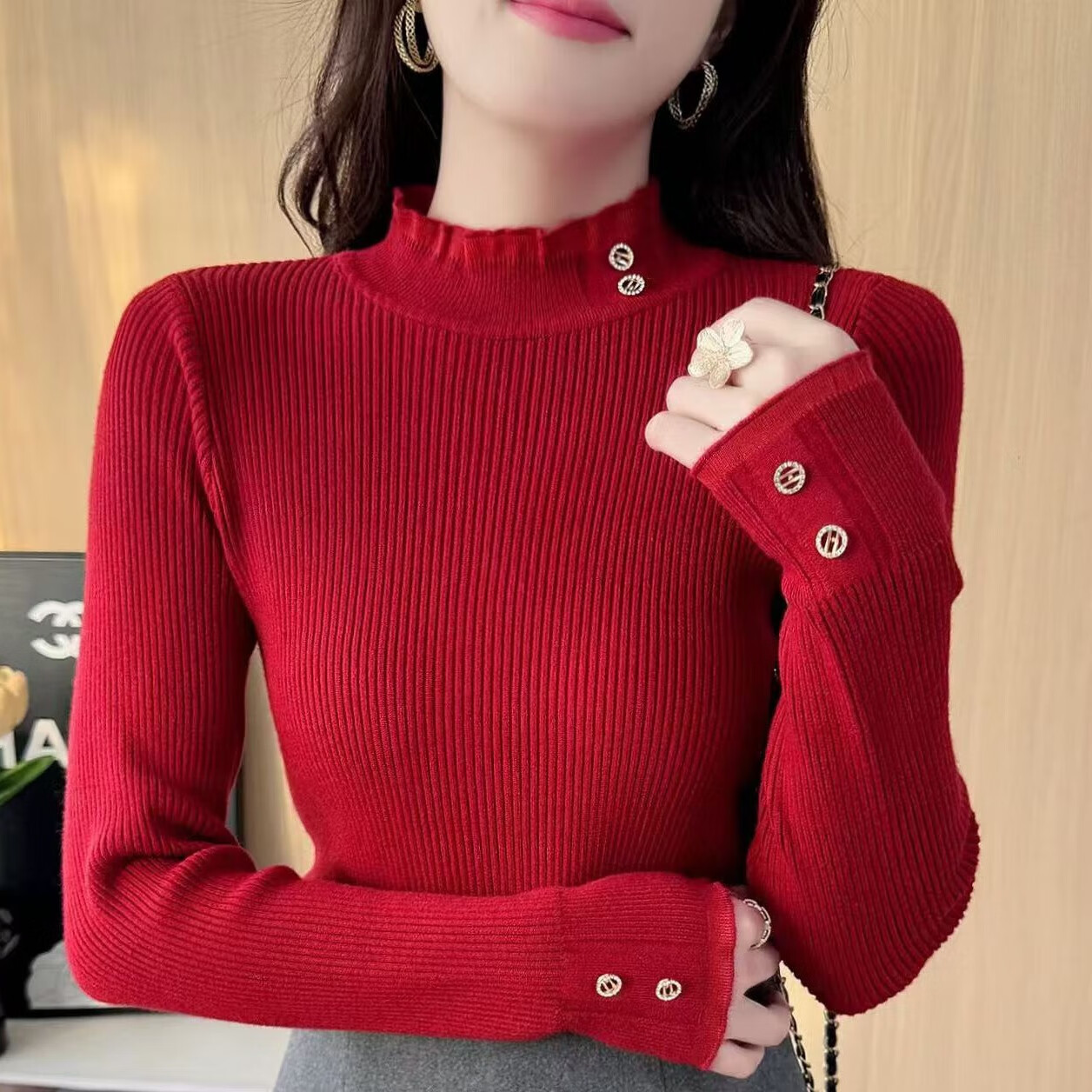 香影纯针织打底衫2025秋冬新款半高领毛衣女套头配大衣长袖修身纽扣上衣 黑色 3XL (建议135-150斤)