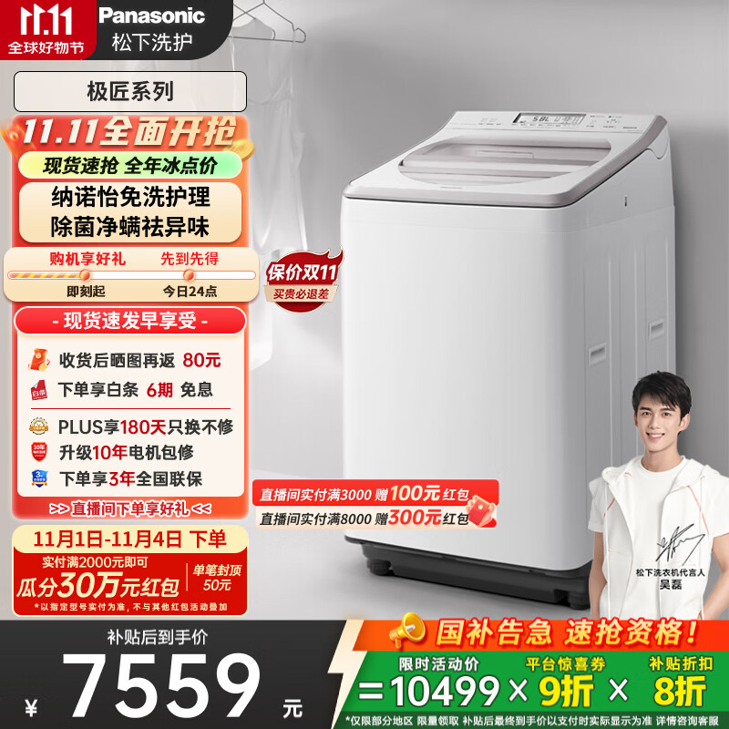 松下（Panasonic）【吴磊推荐】波轮洗衣机全自动11公斤大容量带烘干洗烘一体 纳诺怡除菌除螨家电国家补贴20% F