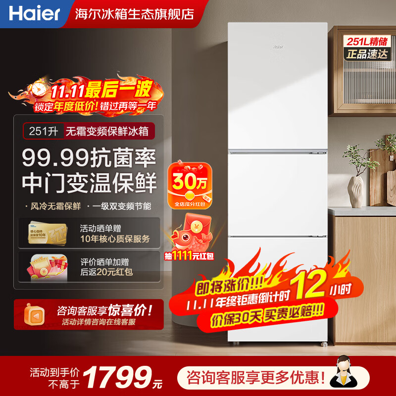 海尔冰箱251升风冷无霜三开门多门家用小冰箱小型迷你宿舍租房一级能效节能255升级款 风冷无霜丨中门变温室丨抗菌率99.99%丨251L