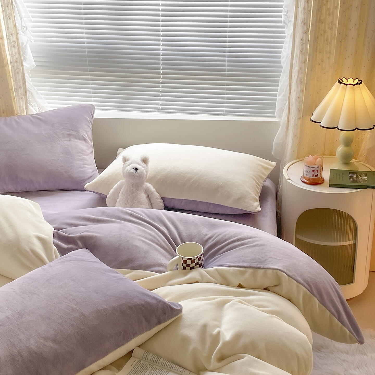 雅鹿纯色秋冬季牛奶绒保暖四件套珊瑚绒床上绒加厚法兰绒被套三件套 奶黄+浅紫【高克重牛奶绒 厚实保暖】 2.0m四件套 床单款 （被套220*240cm）