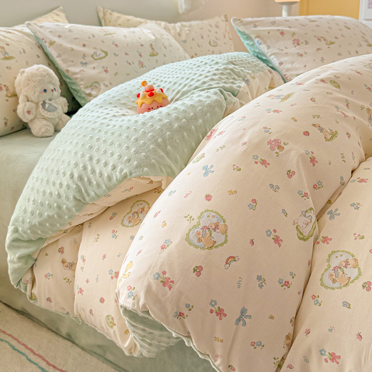 苏萱卡通ab面全棉豆豆绒四件套纯棉加绒被罩加厚床单床笠保暖床上用品 兔与花笺 2.0m 床单款 四件套-被套220x240cm