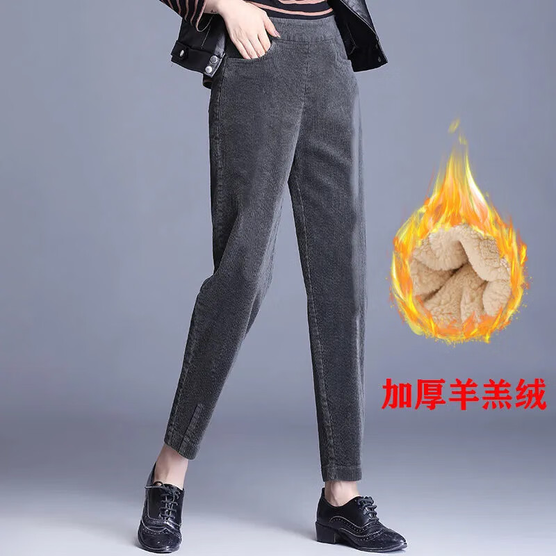 燠阳欧棉绒加绒加厚冬季灯芯绒裤子女高腰中老年裤条休闲直筒裤DM 斜插口袋-灯芯绒-黑色 2XL (建议125-160斤)