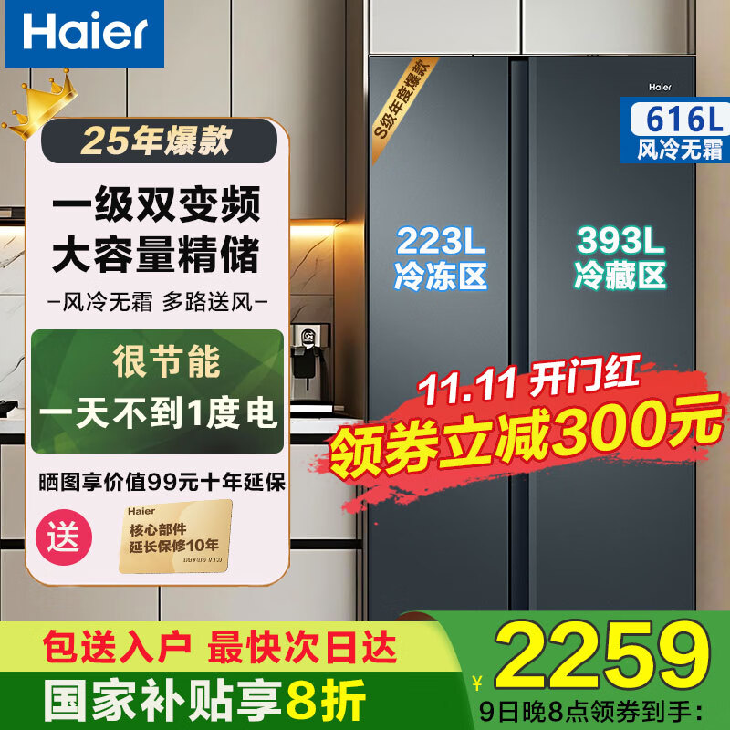 海尔（Haier）冰箱双开门 616升家用一级能效变频风冷无霜大容量 对开门家电国家补贴20%以旧换新616WGHSSEDC9 风冷无霜丨黑金净化丨精控多路送风