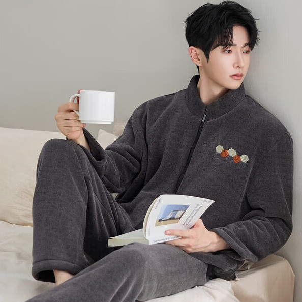 雪中飞睡衣男士冬季珊瑚绒加厚加绒2025年新款秋冬法兰绒大码冬款家居服 NSCBF-灰咖立领【双面绒】 XL 【建议135-150斤】