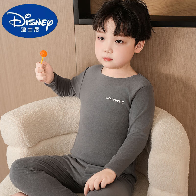 迪士尼（Disney）儿童保暖内衣套装男童秋衣秋裤女童中大童德绒男孩秋冬睡衣家居服 双面德绒套装)深灰色 男女同款 110