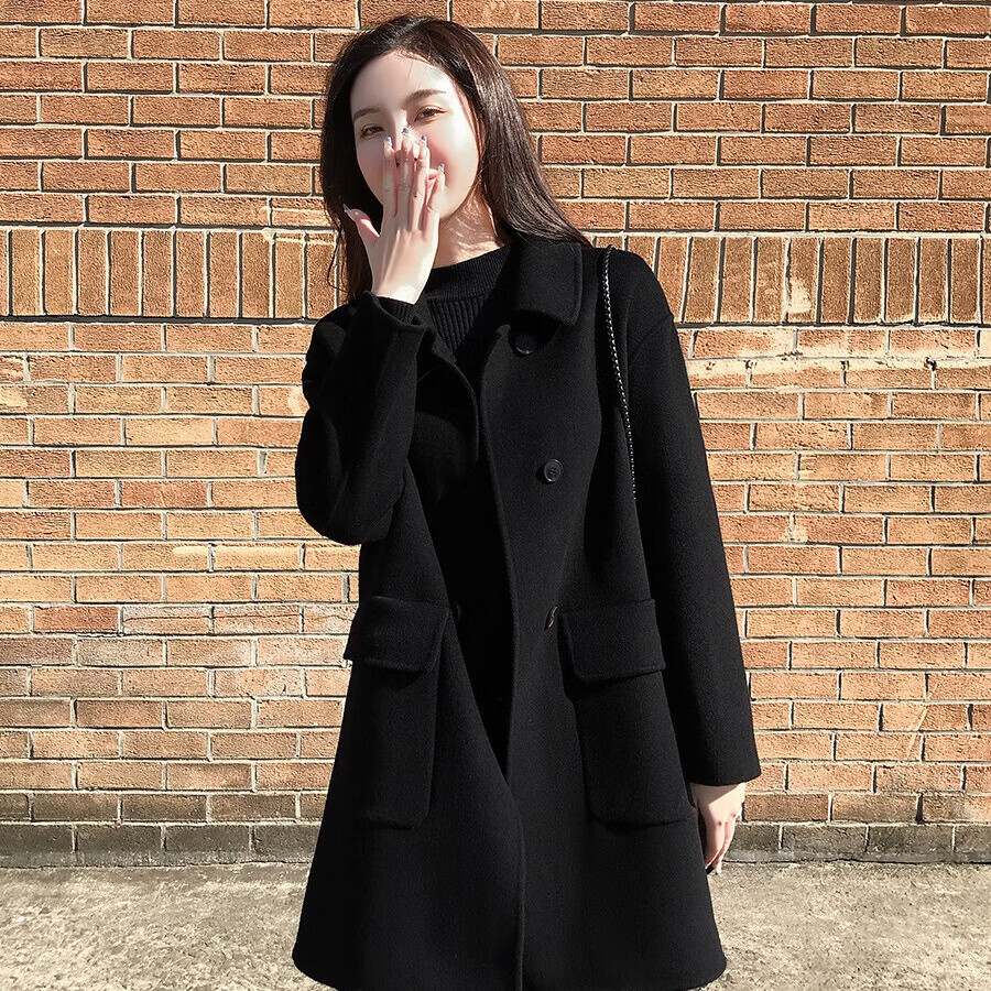 双面羊绒大衣女小个子2025秋冬新款黑色呢子高级感中长款毛呢外套 黑色 L 建议【100-120斤】