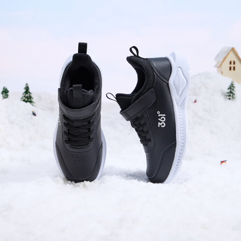 361°儿童运动鞋男童跑鞋秋冬密网轻便魔术贴女童皮革加绒保暖运动鞋 【皮革加绒】碳黑/361度白 38