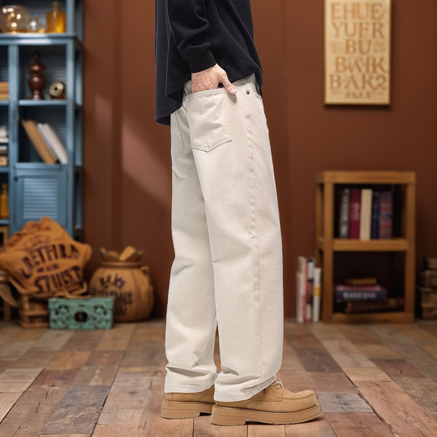 美式cleanfit纯棉白色直筒牛仔裤男潮牌宽松高街百搭阔休闲长裤子 米色 8612 四面弹 38 建议196-210斤