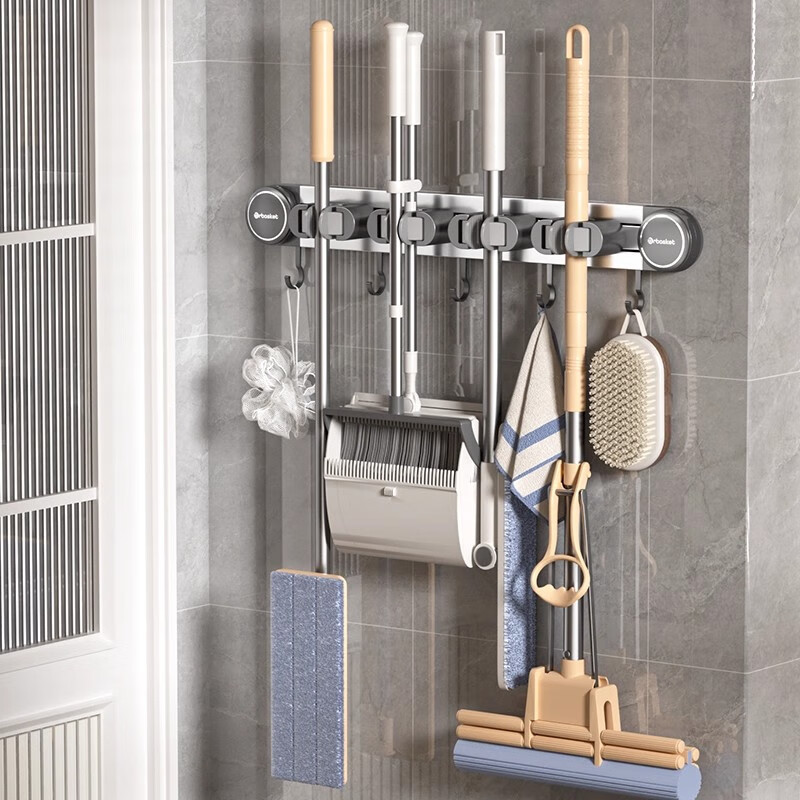 艾仕可(ASCOR)吸盘拖把壁挂夹卫生间置物架洗手间厕所浴室免打孔墙上收纳架神器 2夹3钩【枪灰色】