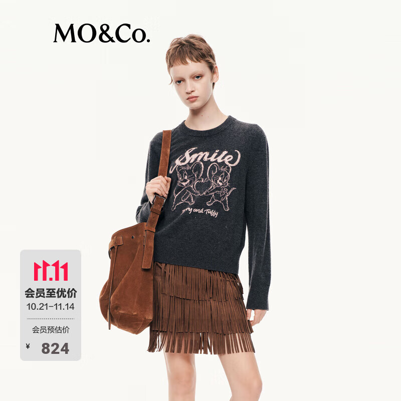MO&amp;Co.毛衣针织衫2025秋新品猫和老鼠联名系列绵羊毛烫钻MBE3SWTT08 深花灰色 S /160