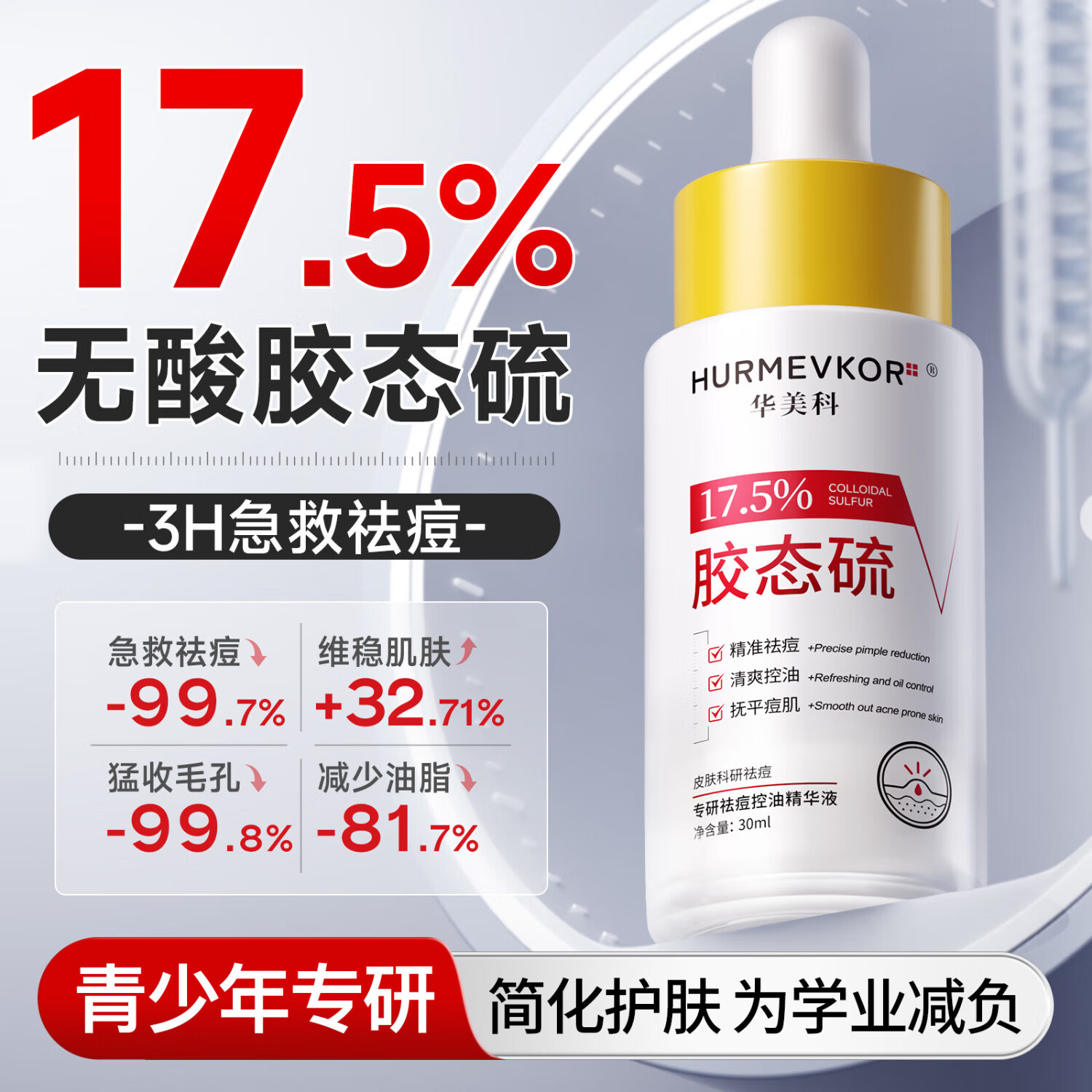 华美科17.5%胶态硫祛痘精华液淡化痘印修复去闭口粉刺收缩毛孔青少年1盒