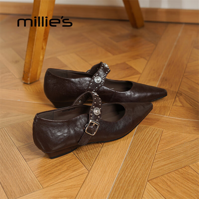 妙丽玛丽珍鞋女低跟真皮浅口时尚潮流气质2025冬季新款百搭小皮鞋 棕色 36 (230mm) 标准码