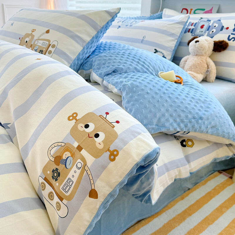 苏萱卡通A面全棉B面豆豆绒四件套冬季加厚牛奶珊瑚绒被套床单三件套4 机器人 1.2m 床单款 三件套-被套150x200cm