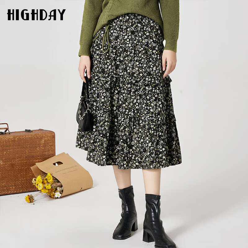highday轩日2023冬季新款高腰半身裙女复古碎花加绒a字
