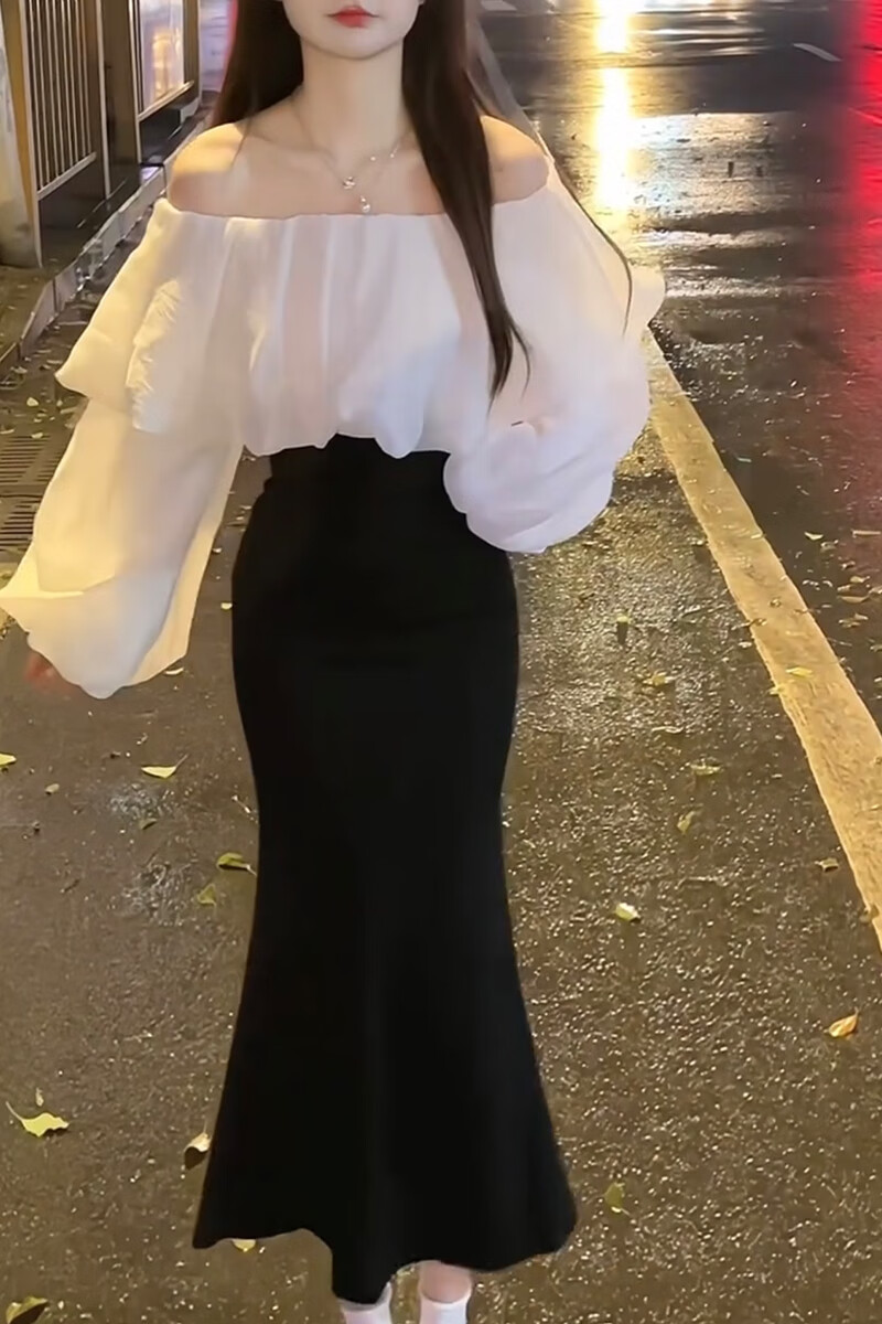 鉑朗尼奧洋氣連衣裙矮個子套裝一字肩純欲風(fēng)泡泡袖襯衣魚尾開叉半身裙 泡泡袖上衣  L