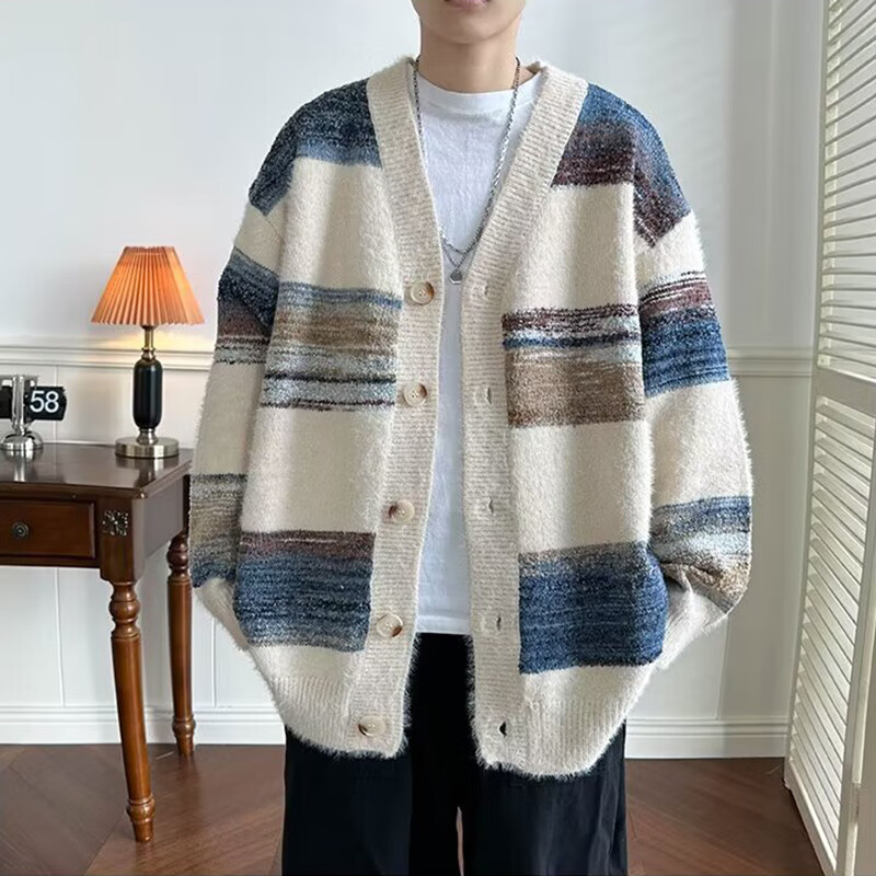 POUM男装毛衣男2026新款秋冬季复古针织衫渐变撞色宽松开衫情侣外套男 EHFS-3153白色 XL 【建议120-130斤】