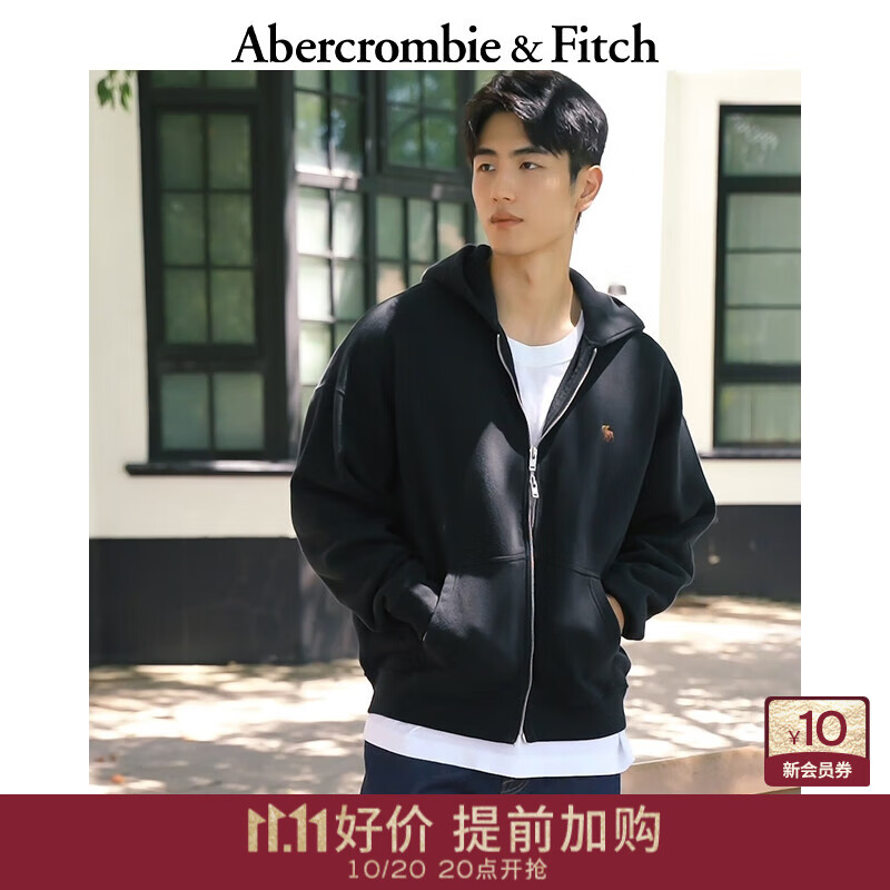 Abercrombie &amp; Fitch经典小麋鹿图案男装25秋冬新款抓绒宽松连帽卫衣外套122-5540 黑色 L (180/108A)
