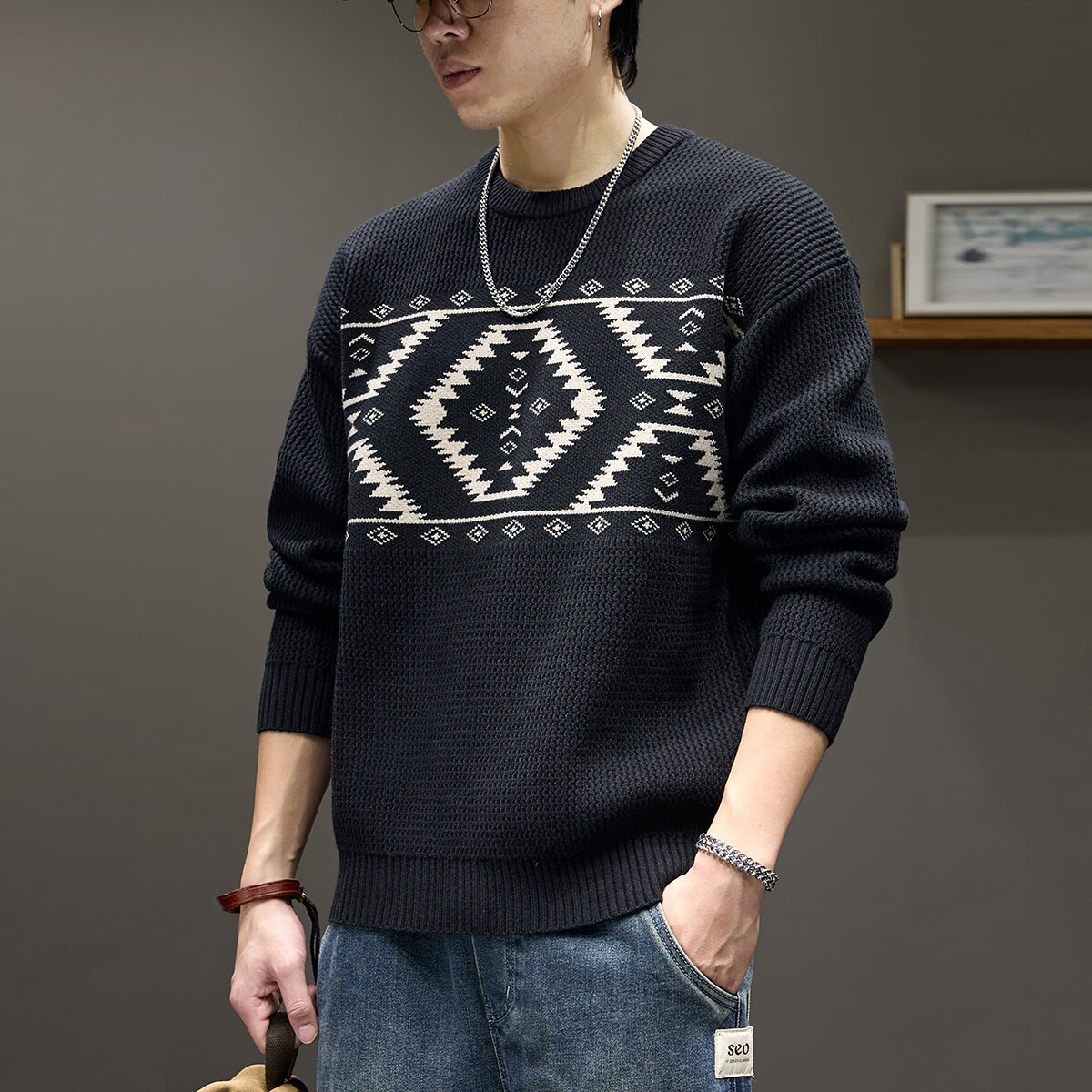 新百伦重磅圆领毛衣男士冬季加厚保暖针织衫宽松潮牌休闲毛线衣外套 黑色 M 码【建议110-130斤】