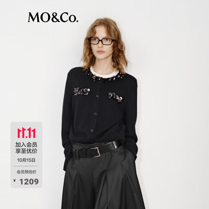 MO&amp;Co.针织衫开衫绵羊毛山羊绒全手工珠片叠绣装饰高智感摩安珂 黑色 S 160