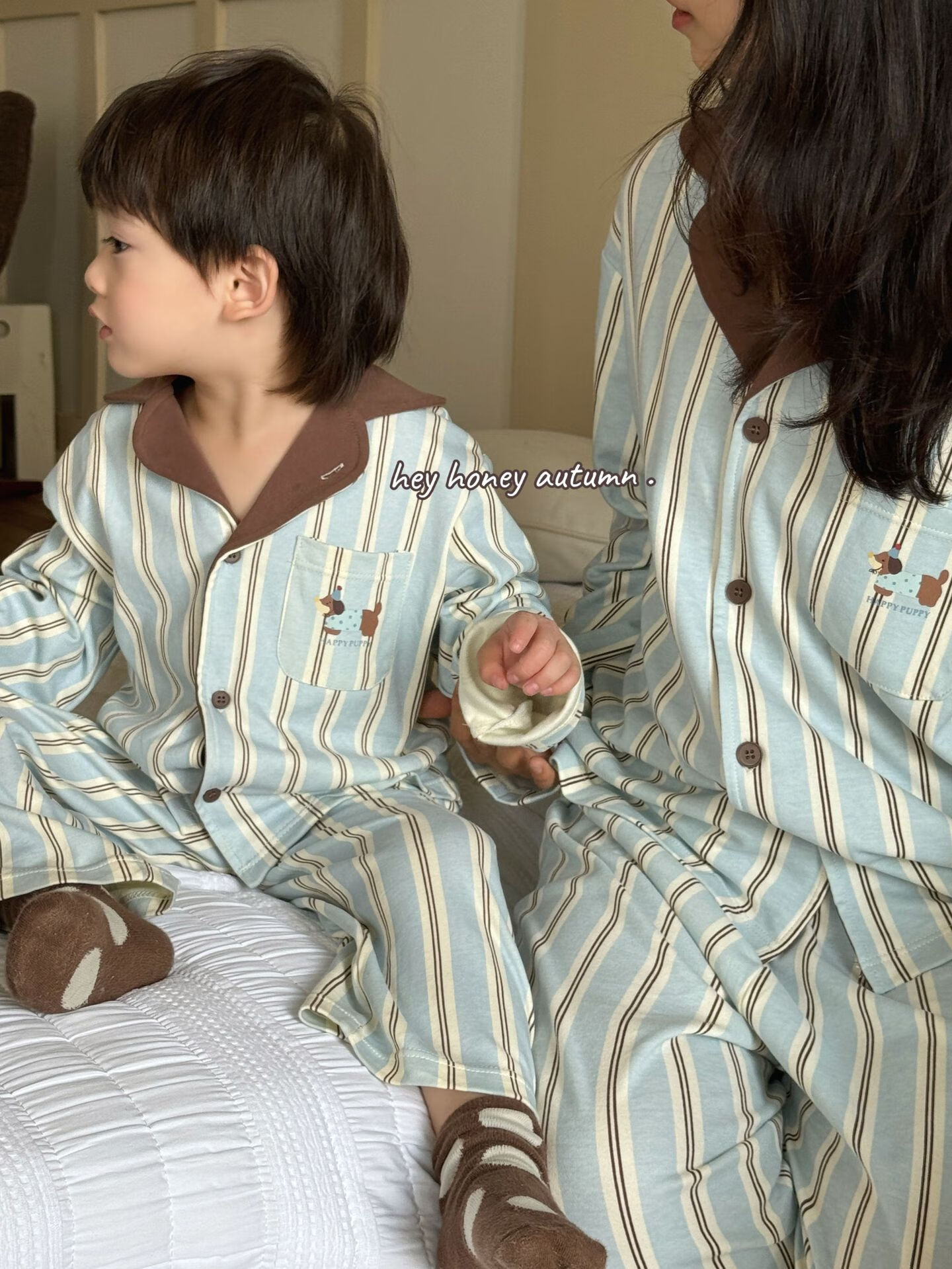 勤驰大卷和小卷儿童家庭舒适绵毛家庭服装套装秋冬睡衣两件套26904 蓝