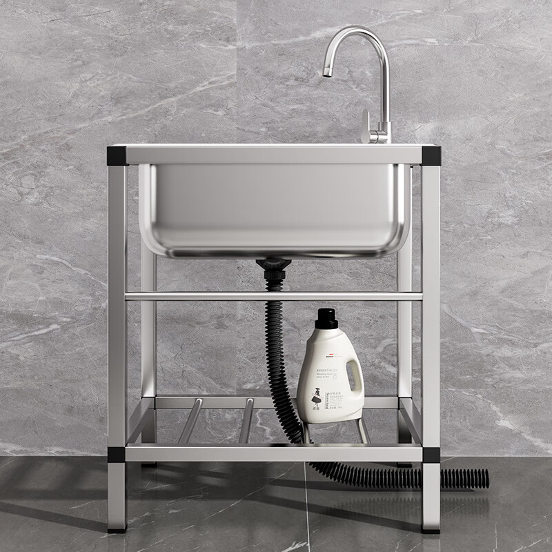 胖东来同款品质代购洗菜盆厨房J加厚简易304不锈钢水槽大单槽双槽 304钢53*38配冷热龙头