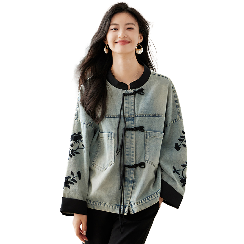 她享 牛仔外套女新復(fù)古回潮國風(fēng)刺繡外套春秋裝牛仔上衣開衫T143U5001