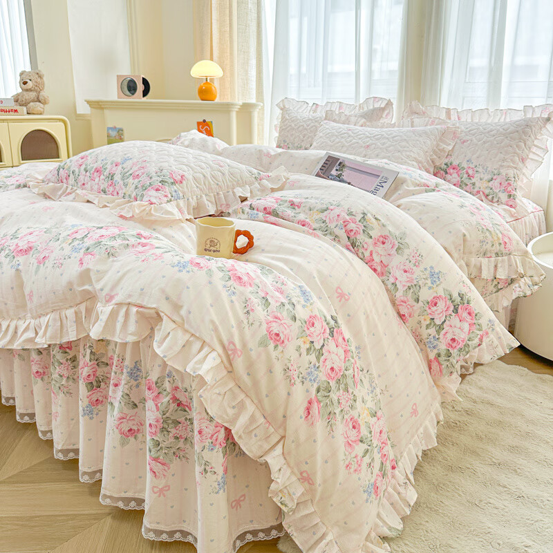 诸禄田园风小碎花全棉床围裙四件套高端轻奢夹棉床罩防滑花边被套四季 亚瑟花园 床裙款 2.0*2.2四件套-被套2*2.3
