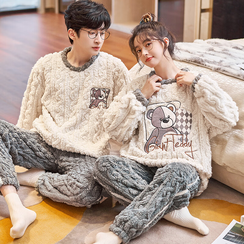 DAPHNE达芙妮【A】冬季情侣睡衣法兰绒加厚珊瑚绒舒适长袖套头男女孕妇家居服 541-542 男款：XXXL(150-170斤)