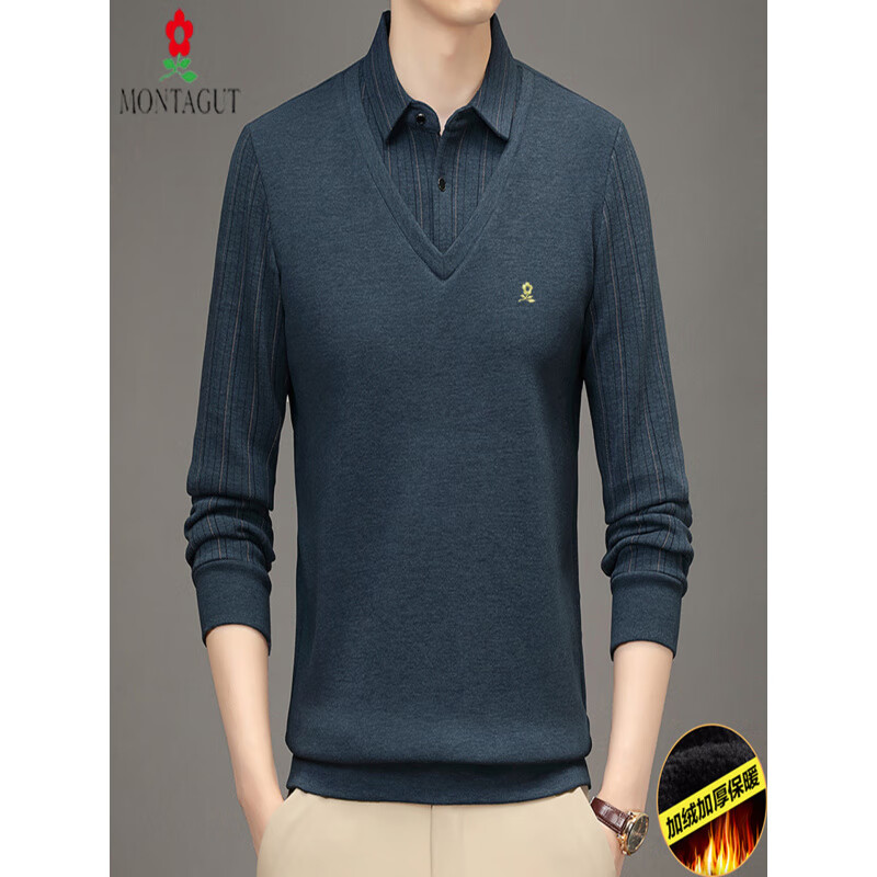 梦特娇（MONTAGUT）假两件针织衫男加厚加绒中老年长袖t恤冬季保暖内衣爸爸装 哈青色 4XL 190/58 建议180斤-200斤