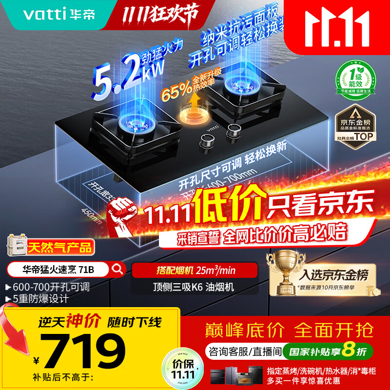 华帝（VATTI）国家补贴20%燃气灶天然气灶嵌入式台式一级能效5.2kW猛火煤气炉双灶台灶具i10071B【天然气产品