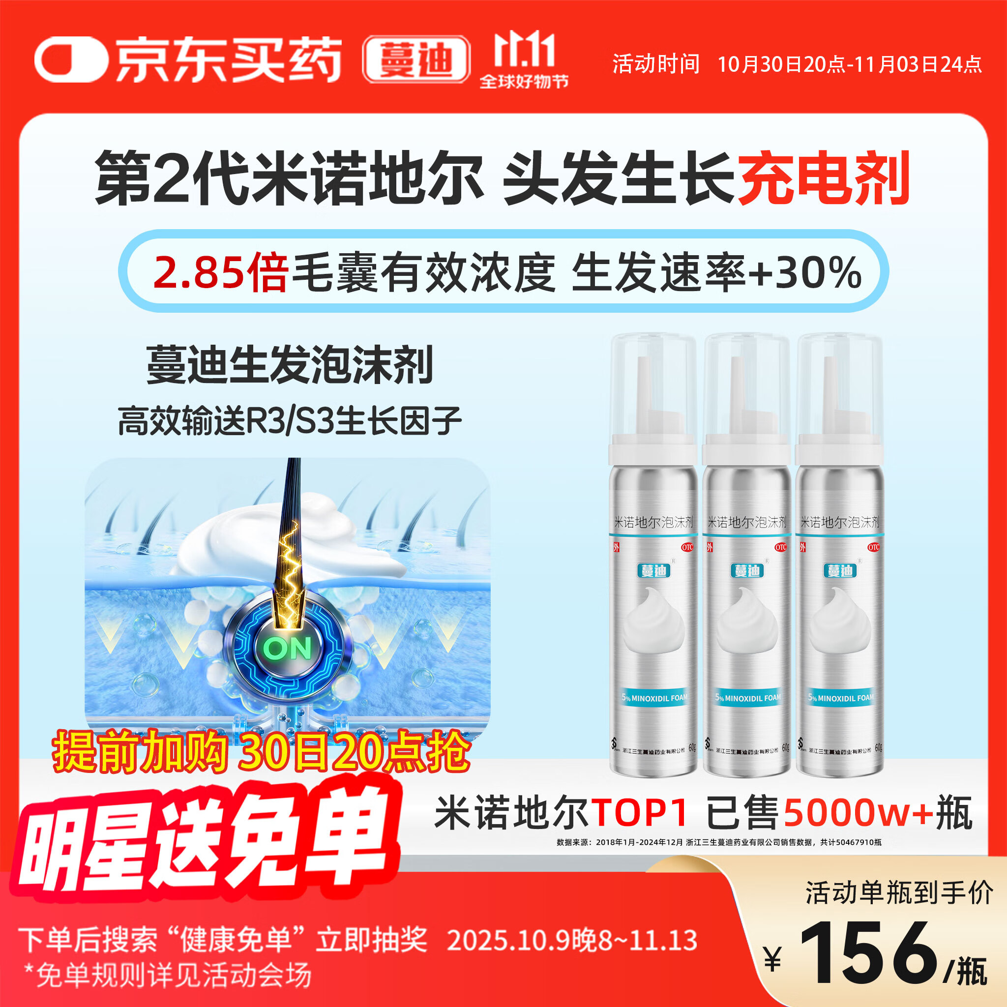 【第二代米诺地尔】蔓迪生发泡沫剂60g*3（倍速生发 温和不起痘）防脱育发增发液5%浓度酊搽剂