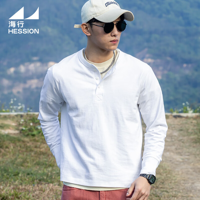 海行户外透气纯棉t恤男亨利衫男士休闲polo衫长袖上衣内搭打底衫 白色 2XL (参考170-195斤)