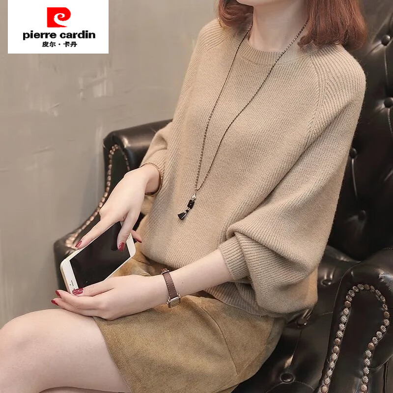 皮尔卡丹（pierre cardin）慵懒风蝙蝠衫宽松毛衣女秋冬新款气质圆领套头上衣打底针织衫潮 卡其色 L 【110-120斤】
