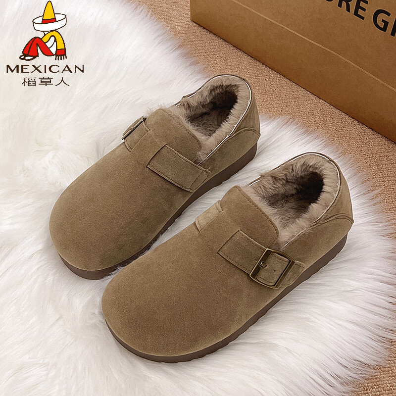 稻草人（MEXICAN）勃肯鞋女士鞋子2026新款爆款雪地靴秋冬季加绒加厚二棉毛毛鞋34码 卡其色 34